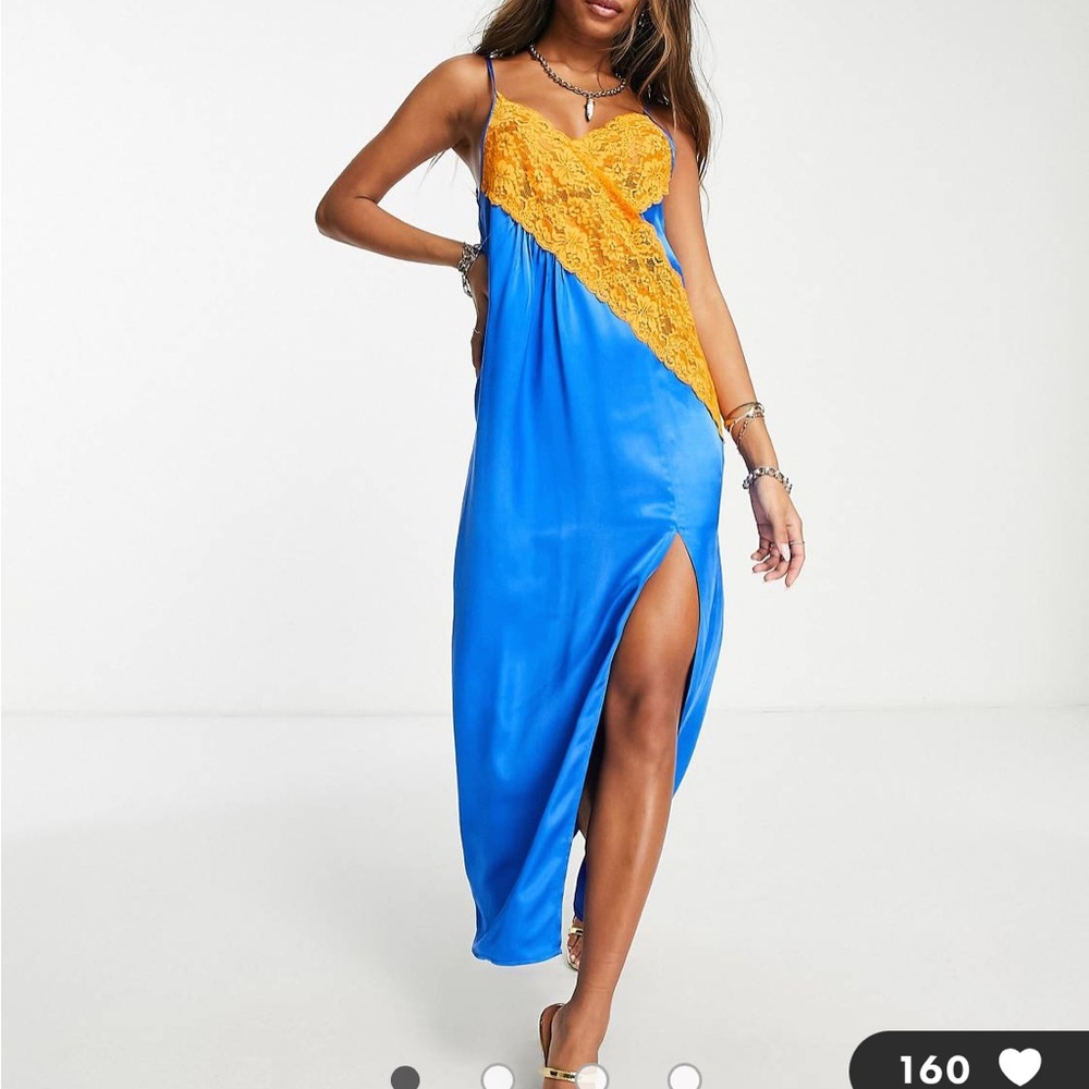 Topshop contrast color block slip dress in blue with orange lace